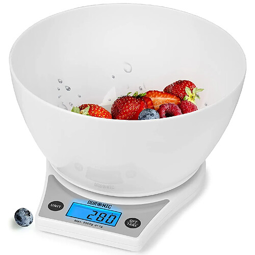 Duronic KS6000 WH/WH Balance de cuisine blanche | Capacité de 5 kg | Large écran rétroéclairé | Bol blanc de 2 L inclus | Fonction d'ajout de poids | Précision à 1 g | Idéale pour la pâtisserie