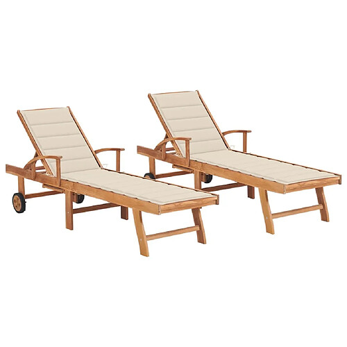 Maison Chic Lot de 2 Chaises longues avec coussin | Transat Bain de soleil crème Bois de teck solide -GKD16970