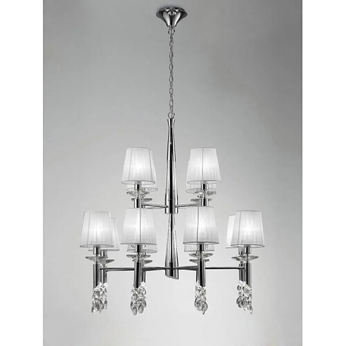 Luminaire Center Suspension Tiffany 2 Tier 12+12 Ampoules E14+G9, chrome poli avec Abat jour blancs & cristal transaparent