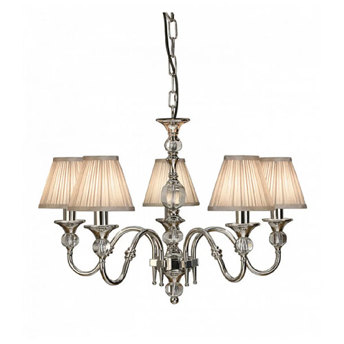 Interiors 1900 Suspension 5 ampoules Polina, nickel et cristal, abat-jour beiges