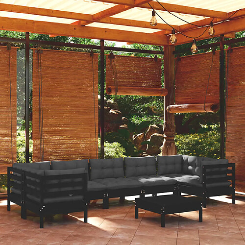 vidaXL Salon de jardin 8 pcs avec coussins Noir Bois de pin