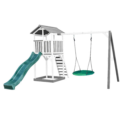 AXI Beach Tower Aire de Jeux avec Toboggan en VERT, Balançoire Nid d'oiseau VERT & Bac à Sable | Grande Maison Enfant extérieur en Gris & BLANC | Cabane de Jeu en Bois FSC