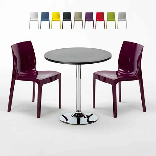 Grand Soleil Table Ronde Noir et 2 Chaises Colorées P