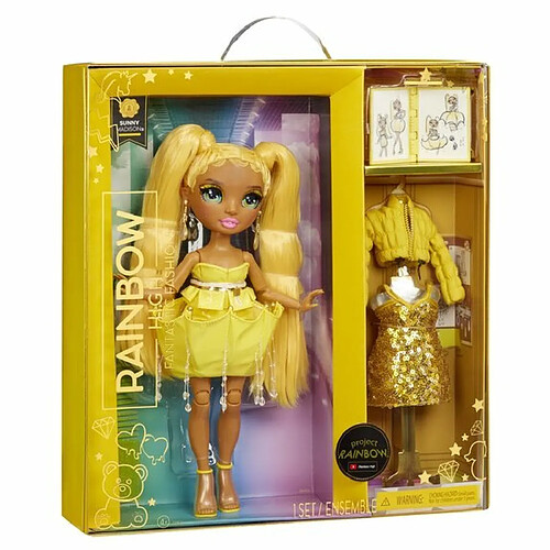 Rainbow High Tentpole PR Theme Doll- YELLOW - 1 robe de Gala et 1 tenue decontractée + accessoires et carnet de croquis