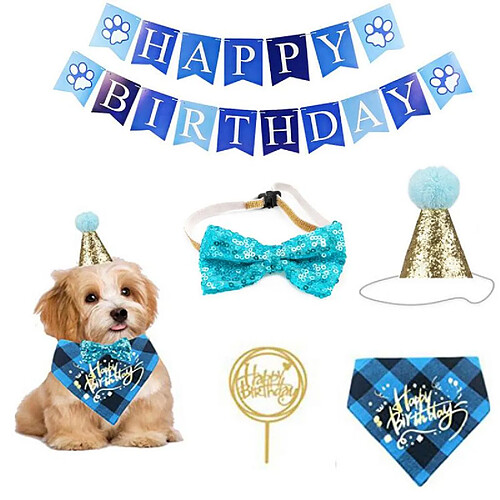 Universal 5PCS Fournitures de fête pour chiens Décoration de fête d'anniversaire pour animaux domestiques Écharpe réglable à la main pour chiens et chats Collier Bannière Accessoires Set | Couvertures pour chiens