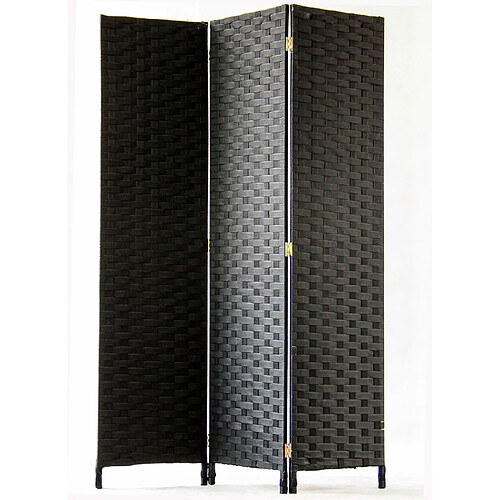 Pegane Paravent 3 pans tressé en fibres synthètiques, noir - H170 x 120cm