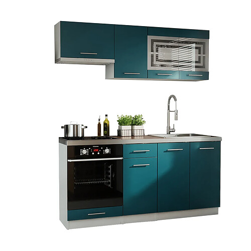 Dusine Cuisine GIOVANNA 6 éléments - turquoise mat 1m80 portes vitrées four encastrable