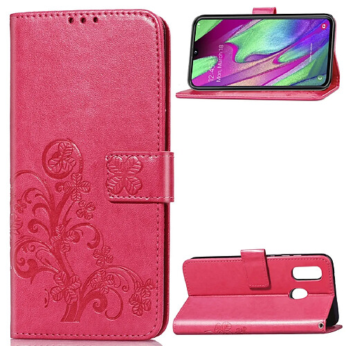 Wewoo Housse Coque Étui en cuir à Motif fleurs pressées Lucky Clover pour Galaxy A40avec support et logements cartesportefeuille et dragonne Rose rouge