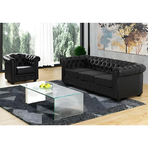 Vente-Unique Canapé 3 places et fauteuil CHESTERFIELD - Simili Noir