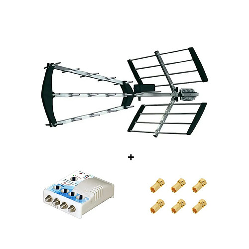 Antenne Trinappe TNT UHF Elap Clever + Amplificateur TV TNT Intérieur 1 entrée 4 Sorties - 43 dB, Filtre 4G, 5G Lte + 6 fiches F Or