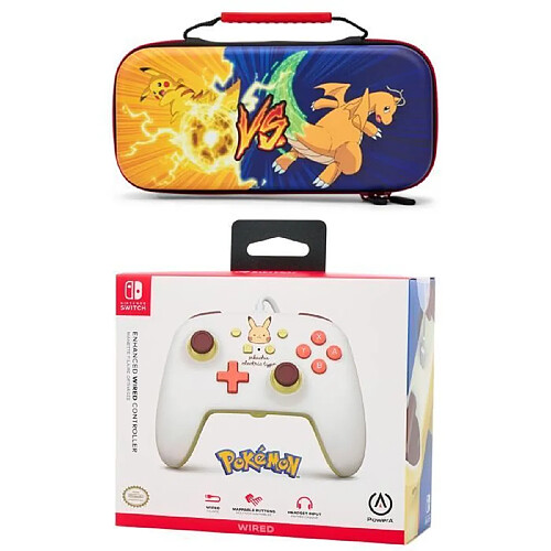 Power A Manette SWITCH Filaire Nintendo Pikachu Electric Type Officielle + Sacoche Switch Pokemon - Pikachu vs. Dracaufeu