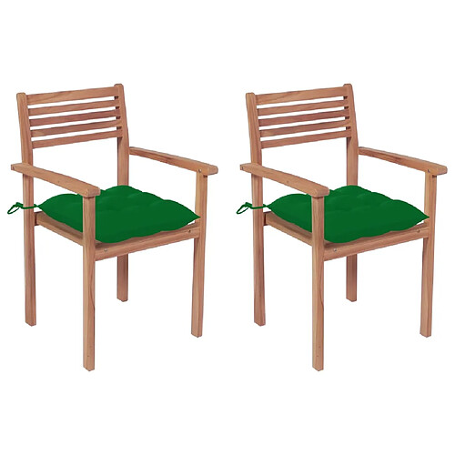 vidaXL Chaises de jardin lot de 2 et coussins vert Bois de teck massif