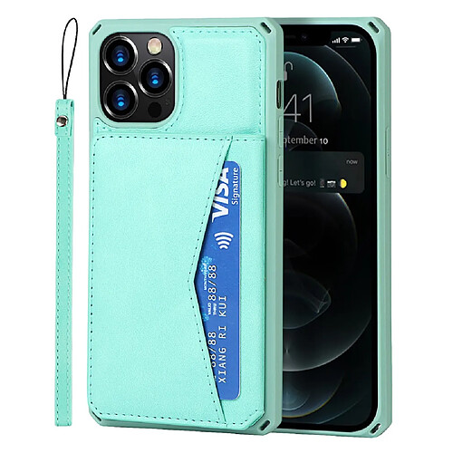 Coque en TPU + PU avec béquille, porte-cartes, hybride cyan pour votre Apple iPhone 12/12 Pro