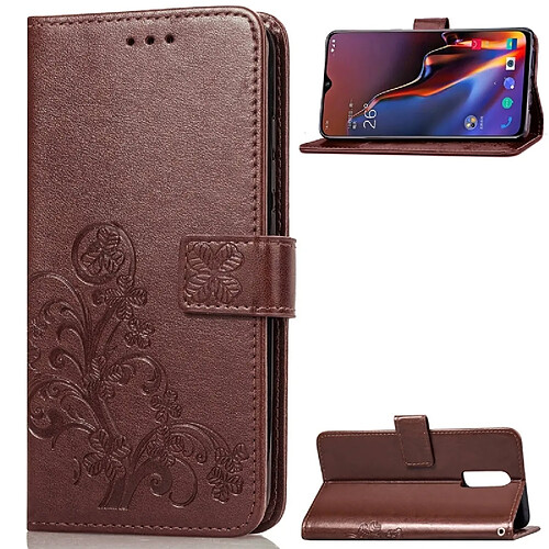 Wewoo Coque Étui en cuir à motif de fleurs pressées Lucky Clover pour OnePlus 6T, avec support et logements pour cartes, portefeuille dragonne (brun)