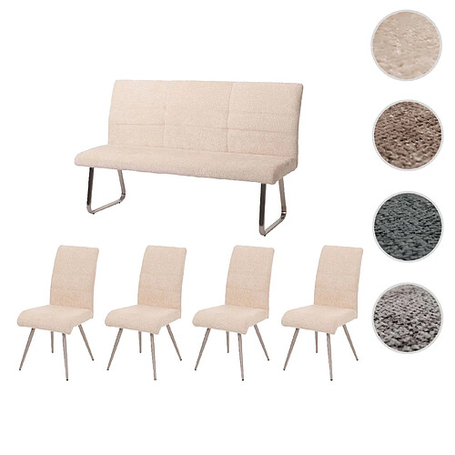 Mendler Set de salle à manger HWC-G55, set de 4 chaises + banc 160cm, inox brossé tissu/textile chenille ~ crème