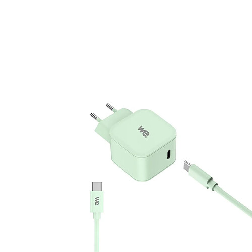 WE POP Pack Chargeur secteur + Câble USB-C/USB-C Vert : Chargeur secteur vert PD 20W port USB-C - Câble USBC-USBC 60W 1 mètre en silicone vert