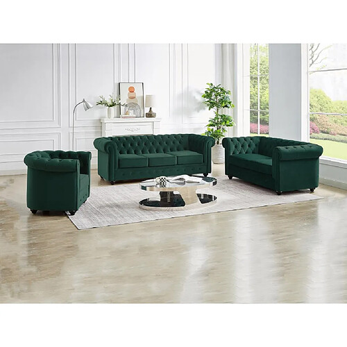 Vente-Unique Canapé 3 places, 2 places et fauteuil en velours vert CHESTERFIELD