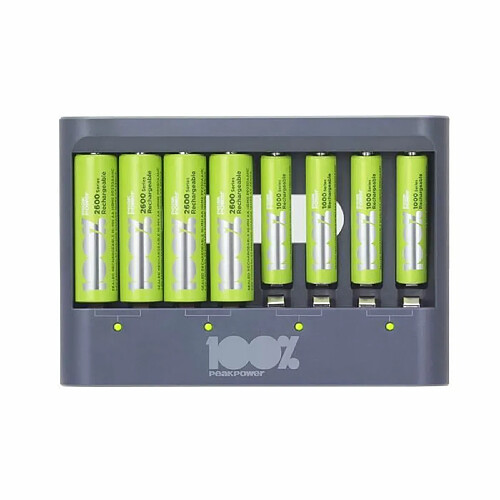 100% PeakPower Chargeur 8 Piles Rechargeables AA et AAA avec 4 Piles AA et 4 Piles AAA Minh Rechargeables | 100%PEAKPOWER | Chargeur Rapide USB