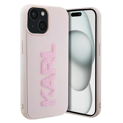 Karl Lagerfeld Coque pour iPhone 15 Plus Dos Effet Cuir Bords Rehaussés Rose Poudré