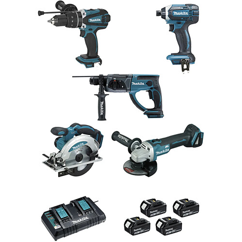 Ensemble de 5 machines MAKITA 18V Li-Ion 5.0 Ah - Perfo-burineur + Visseuse + Perceuse + Meuleuse + Scie circulaire - DLX5038PTJ