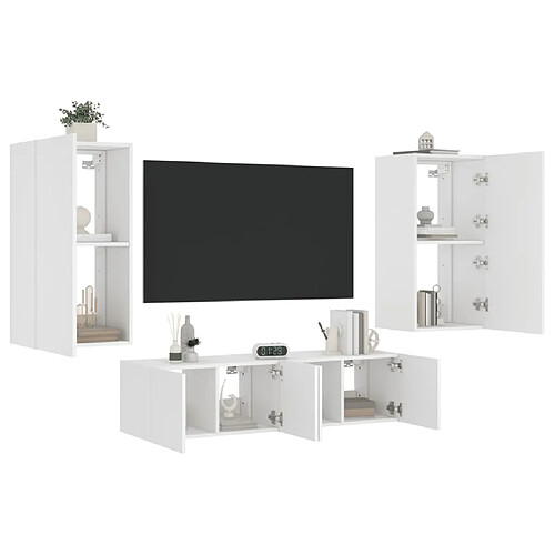 vidaXL Unités murales TV avec LED 4 pcs blanc bois d'ingénierie