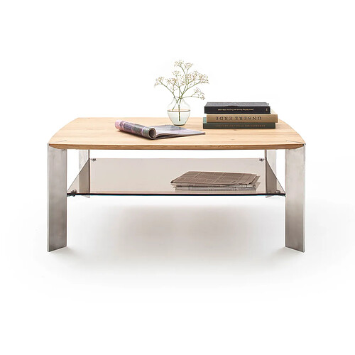 Pegane Table basse en chêne massif et verre - L120 x H41 x P70 cm