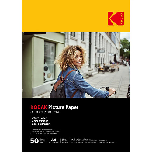 KODAK - 50 feuilles de papier photo 230g/m², brillant, Format A4 (21x29,7cm), Impression Jet d'encre - 9891267 - Blanc