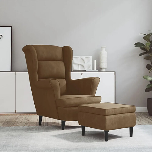 vidaXL Fauteuil à oreilles avec tabouret marron velours