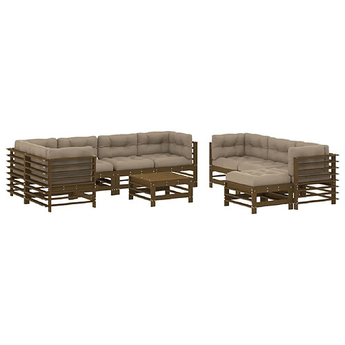 Maison Chic Salon de jardin 10 pcs + coussins - Mobilier/Meubles de jardin - Table et chaises d'extérieur marron miel bois massif -MN79896