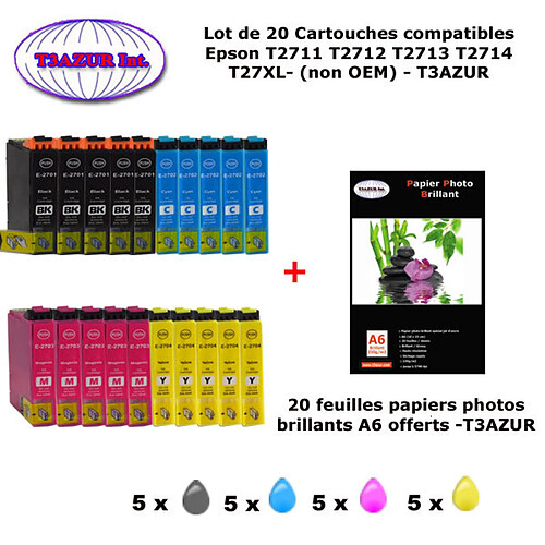 T27XL- 20 cartouches compatibles Epson T2711 T2712 T2713 T2714 pour Epson WF 7715DWF 7720DTWF -20f A6 brillantes -T3AZUR