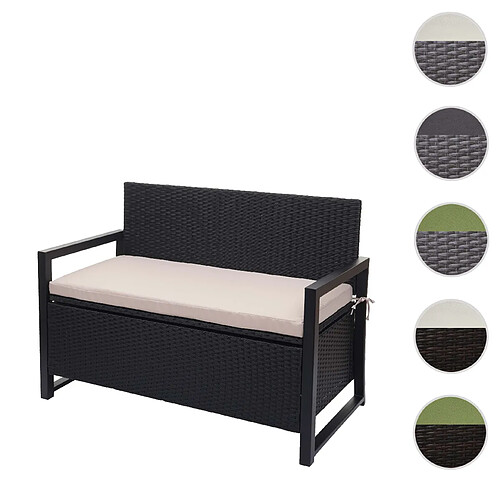 Mendler Banc 2 places en polyrotin HWC-F39, banc de jardin banc, compartiment de rangement~ anthracite, coussins beige