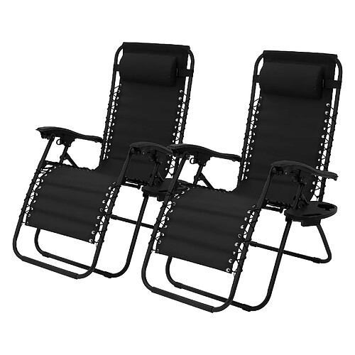 ML-Design 2x Chaise longue bain de soleil en acier noir avec appui-tête et porte-boisson