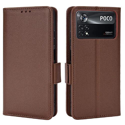 Etui en PU texture litchi, fermeture magnétique avec support, marron pour votre Xiaomi Poco X4 Pro 5G