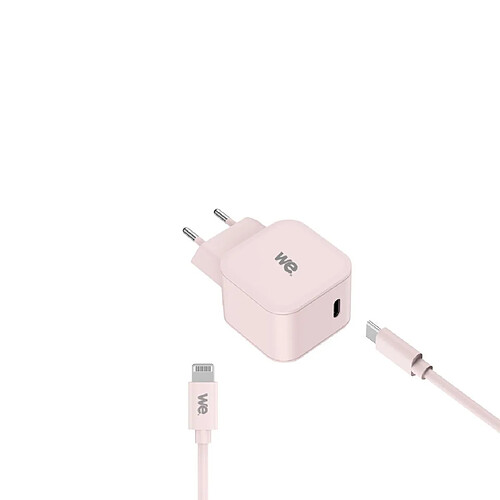 WE POP Pack Chargeur secteur + Câble USB-C/Lightning Rose : Chargeur secteur rose PD 20W port USB-C - Câble USB-C/Lightning MFI PD 20W 1 mètre en silicone rose