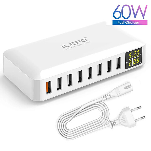 Universal Chargeur rapide USB blanc 60W à 8 ports Hub QC3.0 Intelligent Rapid Charging LED Display Multi-USB Charging Station Mobile Desktop Home