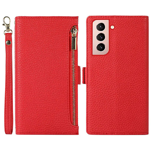 Etui en PU texture litchi avec support, pochette à fermeture éclair et sangle pour votre Samsung Galaxy S21 4G/5G - rouge