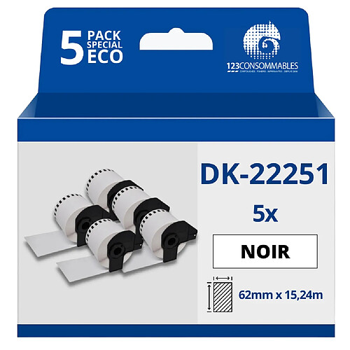 123Consommables Pack de 5 Rouleaux Étiquettes compatible BROTHER DK-22251 - Largeur 62 mm x 15,24 m - Texte rouge et noir sur fond blanc