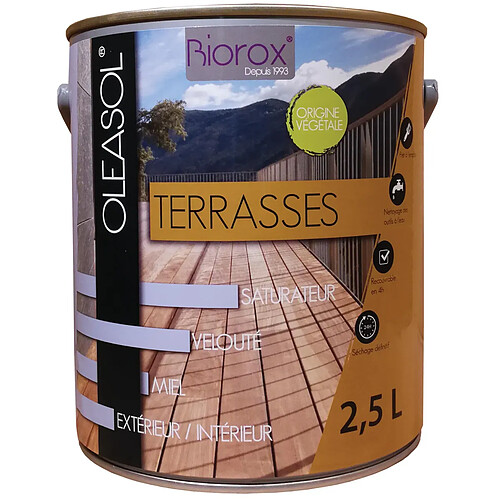 BIOROX Saturateur pour bois extérieurs origine végétale 2 en 1 terrasses Oleasol 2.5 litres.