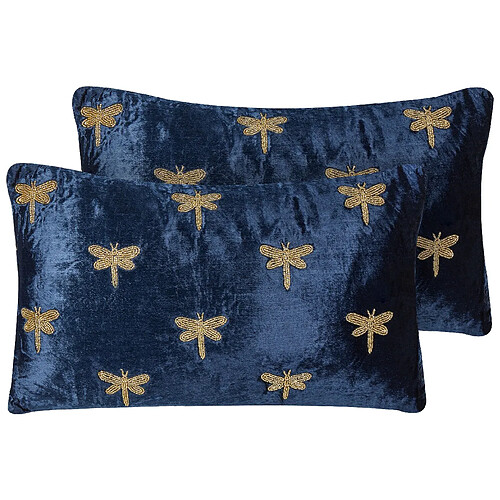 Beliani Lot de 2 coussins BLUESTEM Velours 30 x 50 cm Animal Broderie Bleu marine