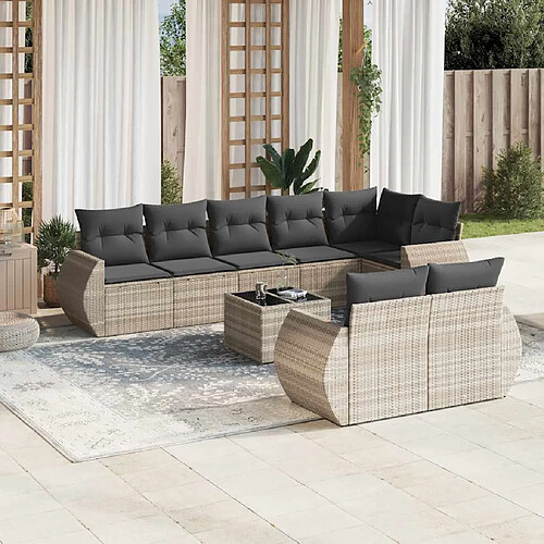 vidaXL Salon de jardin 9 pcs avec coussins gris clair résine tressée