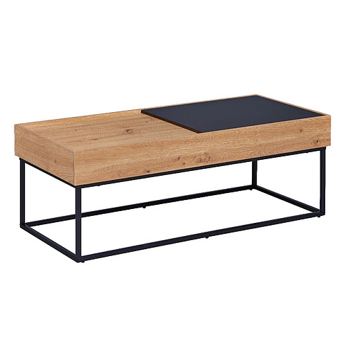 Pegane Table basse, table de salon avec plateaux coulissants coloris imitation Chêne Artisan, pieds en métal noir - longueur 110 x profondeur 50 x hauteur 40 cm