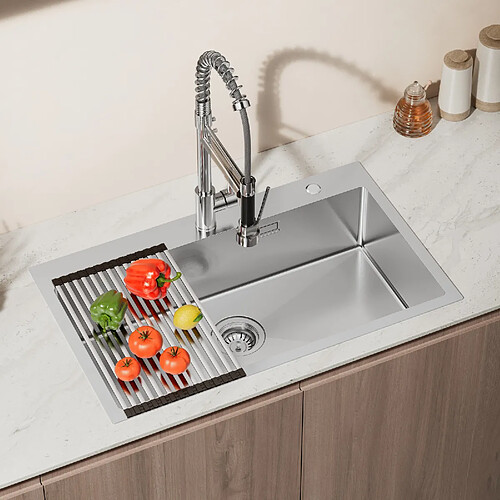 Auralum MAX Évier de Cuisine 1 Bac,Evier Cuisine 75 x 45 cm, , Évier Inox Brossé avec Égouttoir Pliable,Lavabo Cuisine Montage Encastré ou Supérieur