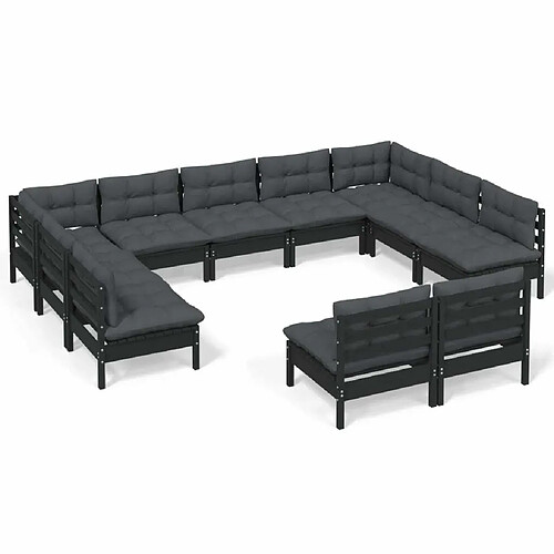 Maison Chic Salon de jardin 11pcs + coussins - Mobilier/Meubles de jardin - Table et chaises d'extérieur Noir Bois de pin massif -MN68920