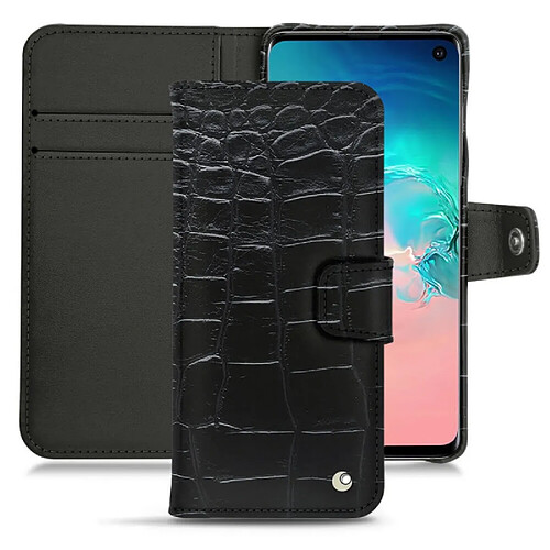 Housse cuir Samsung Galaxy S10E - Rabat portefeuille - Crocodile nero ( Noir / Black) - NOREVE