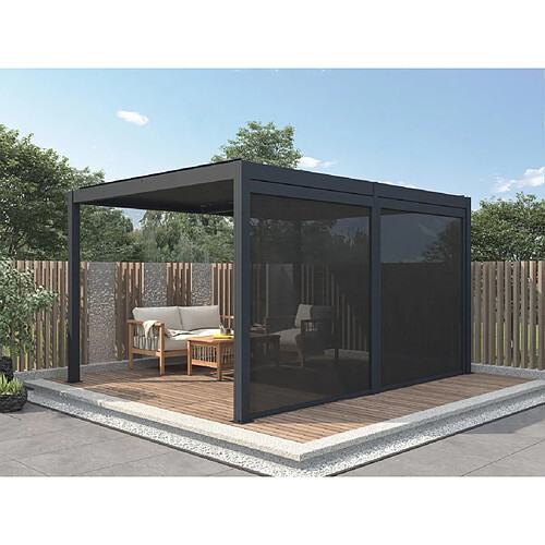 Vente-Unique Pergola bioclimatique autoportante électrique anthracite en aluminium avec lames orientables et rideau rétractable 3,67 m - 12 m² - AMADORA