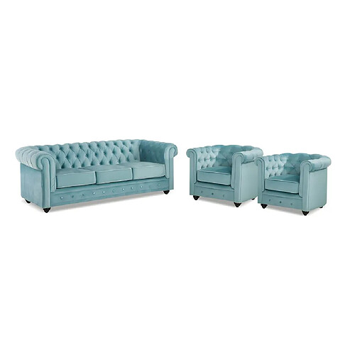 Vente-Unique Canapé 3 places et 2 fauteuils CHESTERFIELD - Velours bleu pastel