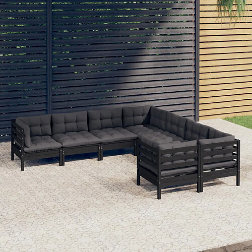 vidaXL Salon de jardin 8 pcs avec coussins Noir Bois de pin massif