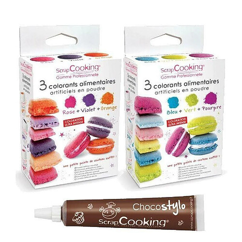 Scrapcooking 6 colorants alimentaires en poudre orange violet rose bleu vert pourpre + 1 Stylo chocolat