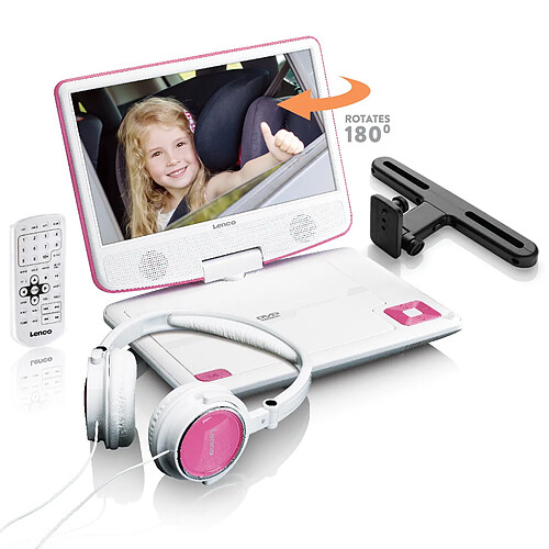 Lenco Lecteur DVD portable de 9 pouces avec casque, port USB et dispositif de suspension DVP-910PK Blanc-Rose