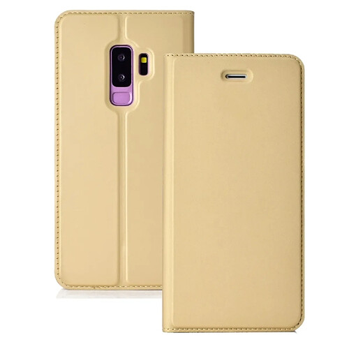 Wewoo Housse Coque Etui en cuir avec carte magnétique pressée ultra-mince pour TPU + PU pour Galaxy S9 +, fente pour et support (Or)